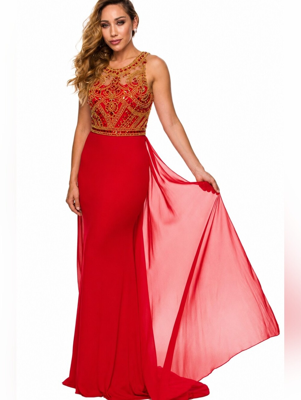 Juliet 628 NWT Red Gold Beaded Evening Gown Prom Pageant Formal Dress Train Sz S